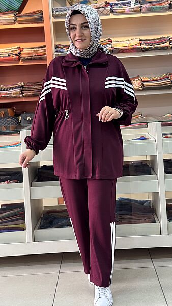 Şerit Detaylı Fermuarlı Takım Bordo/6228 
