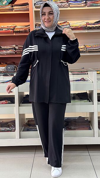 Şerit Detaylı Fermuarlı Takım Siyah/6228 