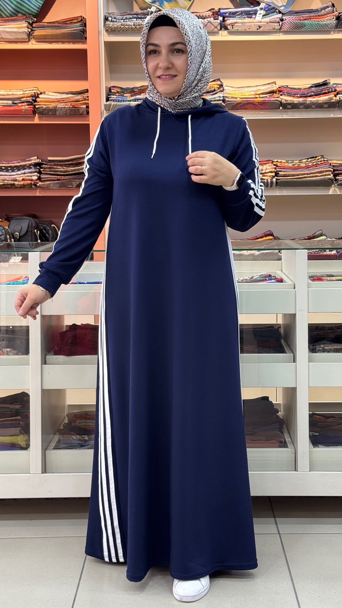 GÜNER - Şerit Detaylı Kapşonlu Elbise Lacivert / 2399