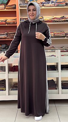 GÜNER - Şerit Detaylı Kapşonlu Elbise Kahve / 2399 