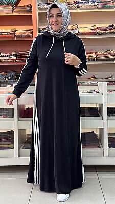 GÜNER - Şerit Detaylı Kapşonlu Elbise Siyah / 2399