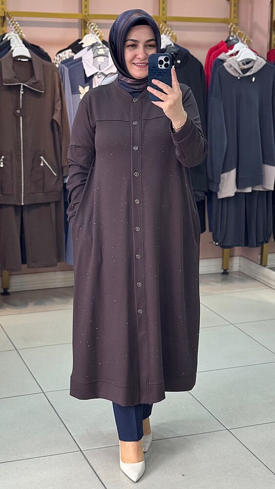 Serpme Taş Detaylı Düğmeli Kap Kahve/268284 - 3