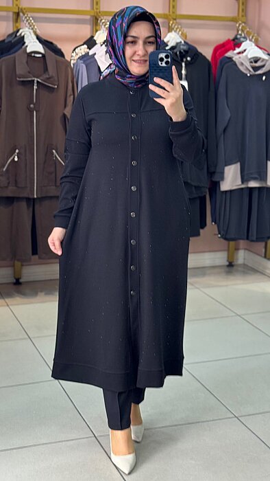Serpme Taş Detaylı Düğmeli Kap Siyah/268284 - 3