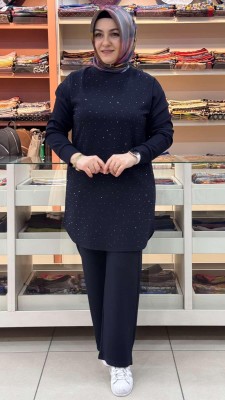 inza moda - Serpme Taş Detaylı Takım Lacivert/1267