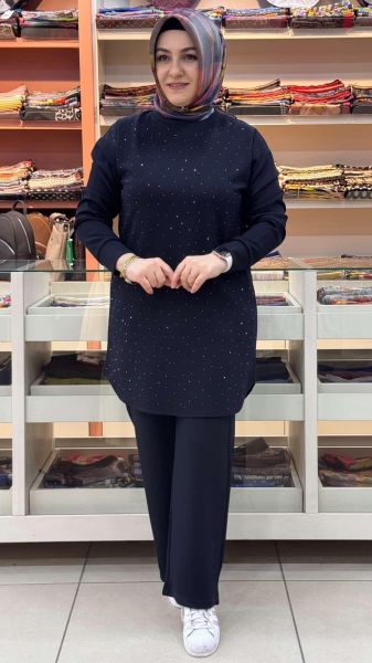 Serpme Taş Detaylı Takım Lacivert/1267