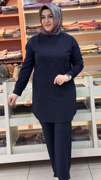 Serpme Taş Detaylı Takım Lacivert/1267