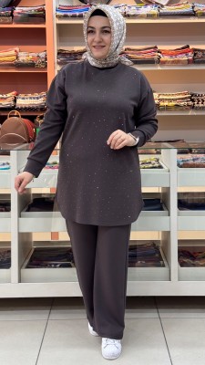 inza moda - Serpme Taş Detaylı Takım Kahve/1267