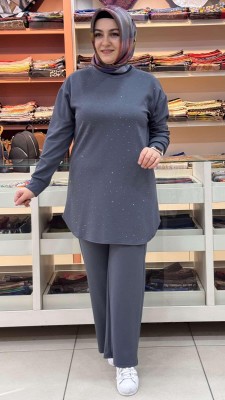 inza moda - Serpme Taş Detaylı Takım Gri/1267