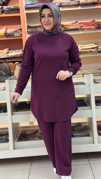 Serpme Taş Detaylı Takım Bordo/1267