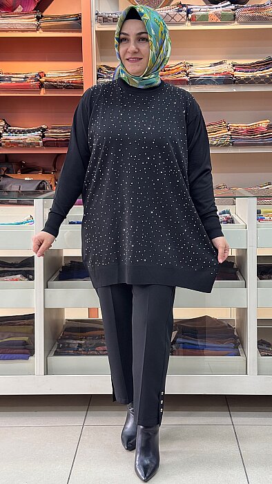 Serpme Taş Detaylı Triko Tunik Siyah/2570   