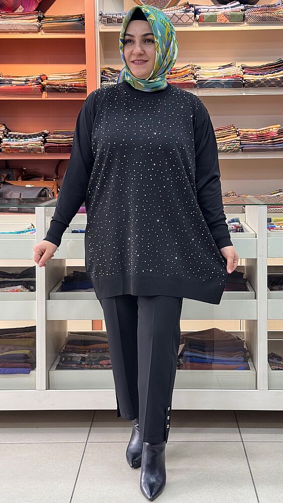 Serpme Taş Detaylı Triko Tunik Siyah/2570 - 1