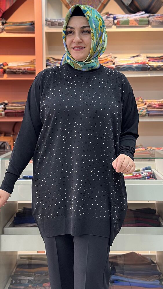 Serpme Taş Detaylı Triko Tunik Siyah/2570 - 2
