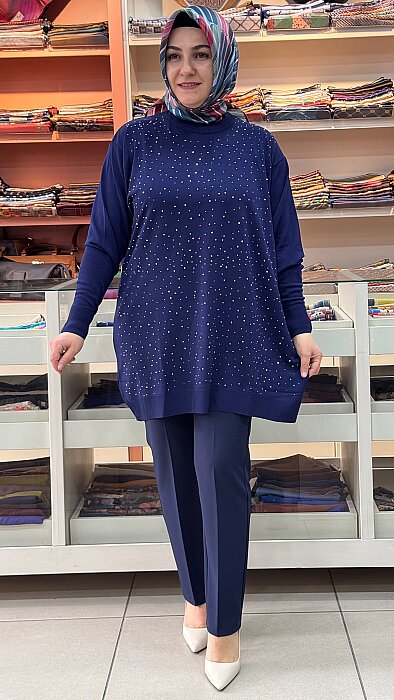 Serpme Taş Detaylı Triko Tunik Lacivert/2570  