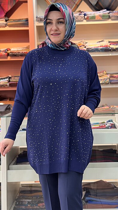 Serpme Taş Detaylı Triko Tunik Lacivert/2570   - 2