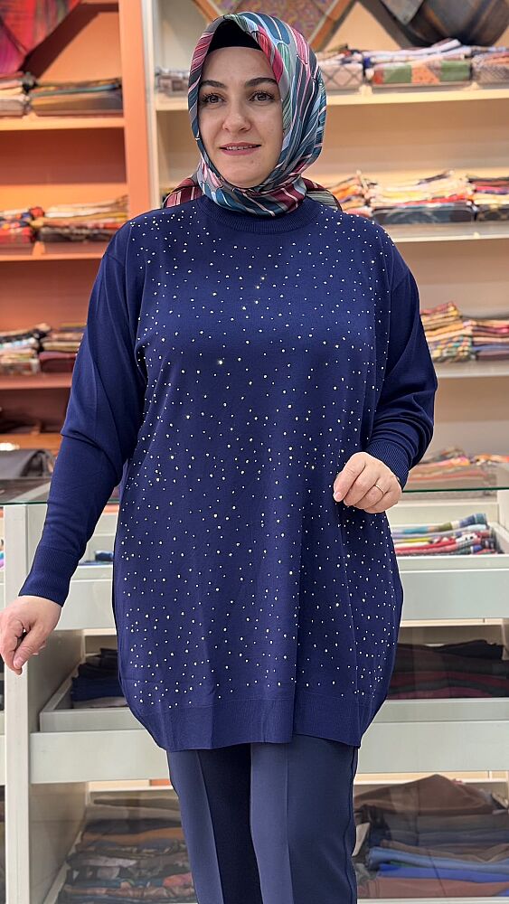 Serpme Taş Detaylı Triko Tunik Lacivert/2570 - 2