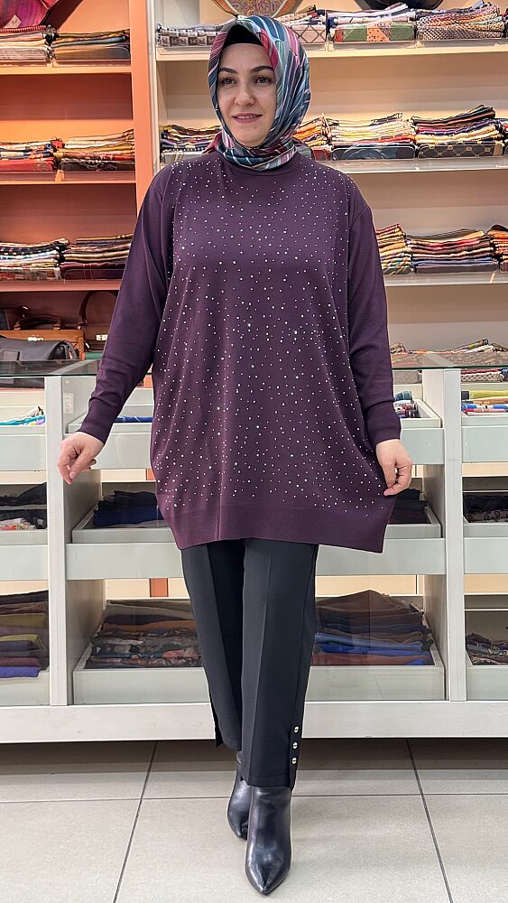 Serpme Taş Detaylı Triko Tunik Mürdüm/2570  - 1