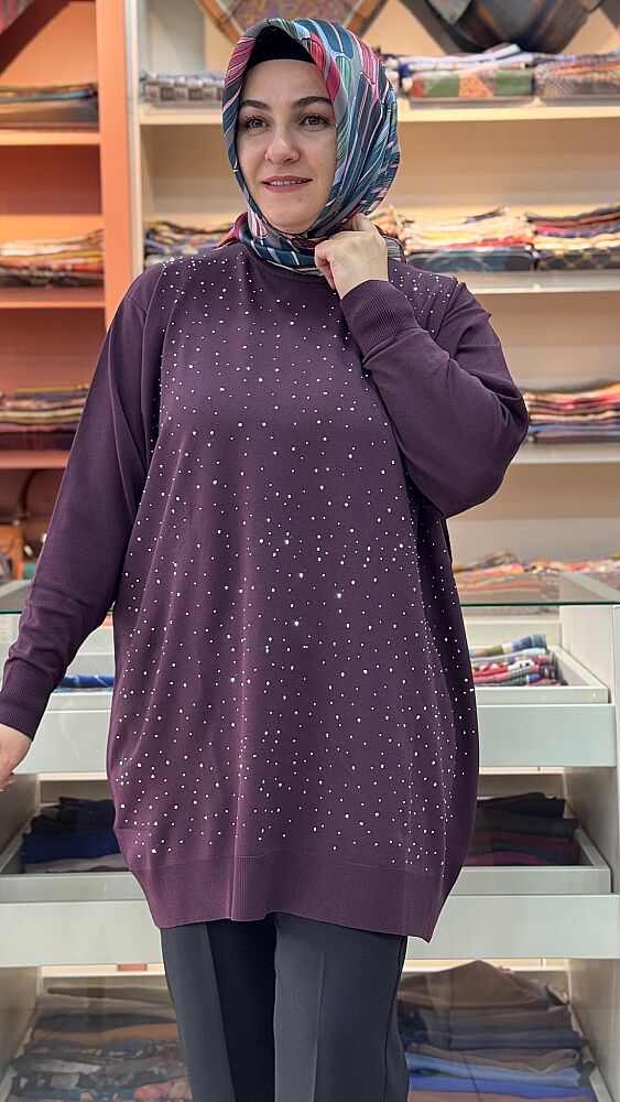 Serpme Taş Detaylı Triko Tunik Mürdüm/2570  - 2
