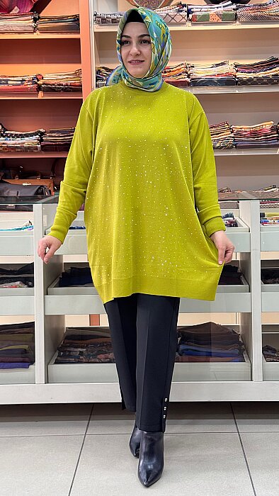 Serpme Taş Detaylı Triko Tunik Fıstık Yeşili/2570