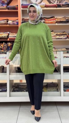  - Serpme taş Detaylı Triko Tunik Yeşil/12570