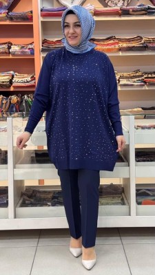  - Serpme taş Detaylı Triko Tunik Lacivert/12570
