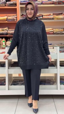  - Serpme taş Detaylı Triko Tunik Siyah/12570