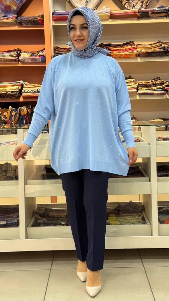  - Serpme taş Detaylı Triko Tunik Mavi/12570