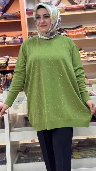 Serpme taş Detaylı Triko Tunik Yeşil/12570