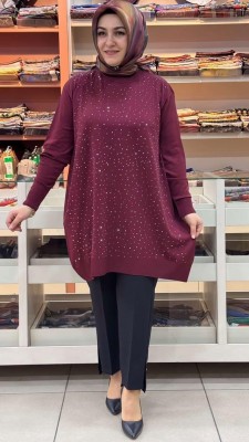 Serpme taş Detaylı Triko Tunik Bordo/12570 - Thumbnail