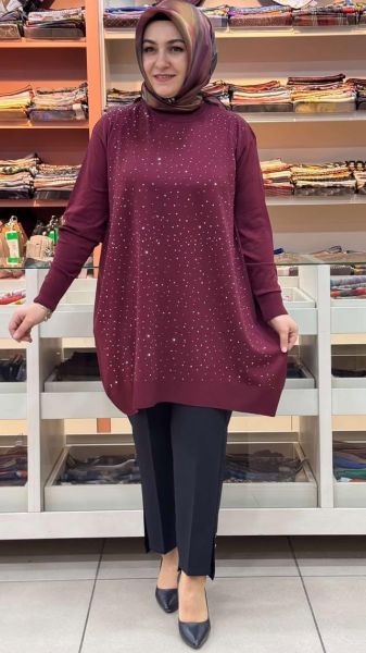 Serpme taş Detaylı Triko Tunik Bordo/12570