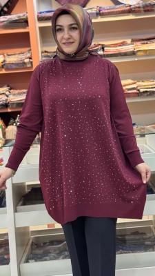 Serpme taş Detaylı Triko Tunik Bordo/12570 - Thumbnail