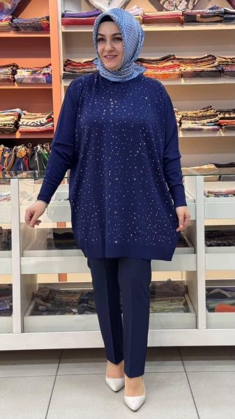 Serpme taş Detaylı Triko Tunik Lacivert/12570