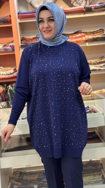 Serpme taş Detaylı Triko Tunik Lacivert/12570