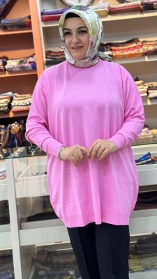 Serpme taş Detaylı Triko Tunik Pembe/12570 - Thumbnail