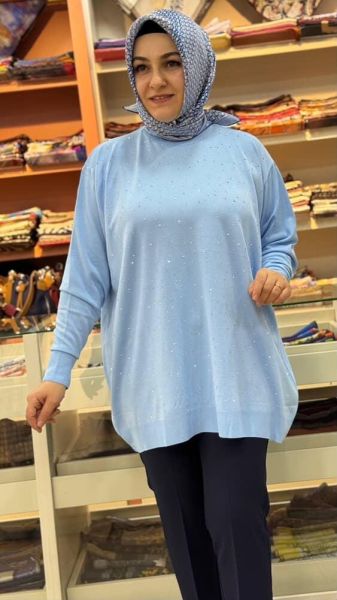 Serpme taş Detaylı Triko Tunik Mavi/12570