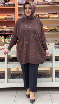 Serpme taş Detaylı Triko Tunik Kahve/12570 - Thumbnail
