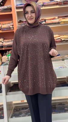 Serpme taş Detaylı Triko Tunik Kahve/12570 - Thumbnail