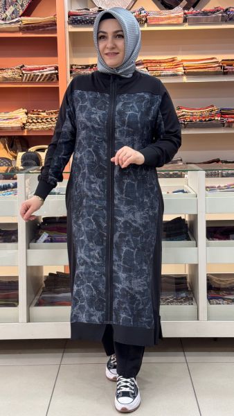 Serpme Taş Detayllı Fermuarlı Uzun Takım Siyah/35148