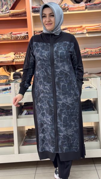 Serpme Taş Detayllı Fermuarlı Uzun Takım Siyah/35148