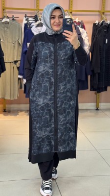 Serpme Taş Detayllı Fermuarlı Uzun Takım Siyah/35148 - Thumbnail