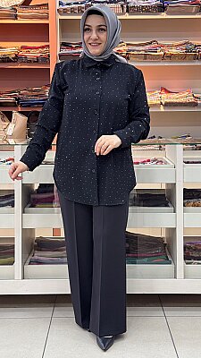İnza Moda - Serpme Taşlı Gömlek Tunik Siyah/15901