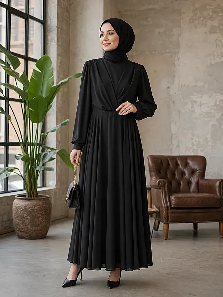 Şifon Tül Detaylı Abiye Siyah/8487