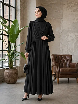 Janset - Şifon Tül Detaylı Abiye Siyah/8487