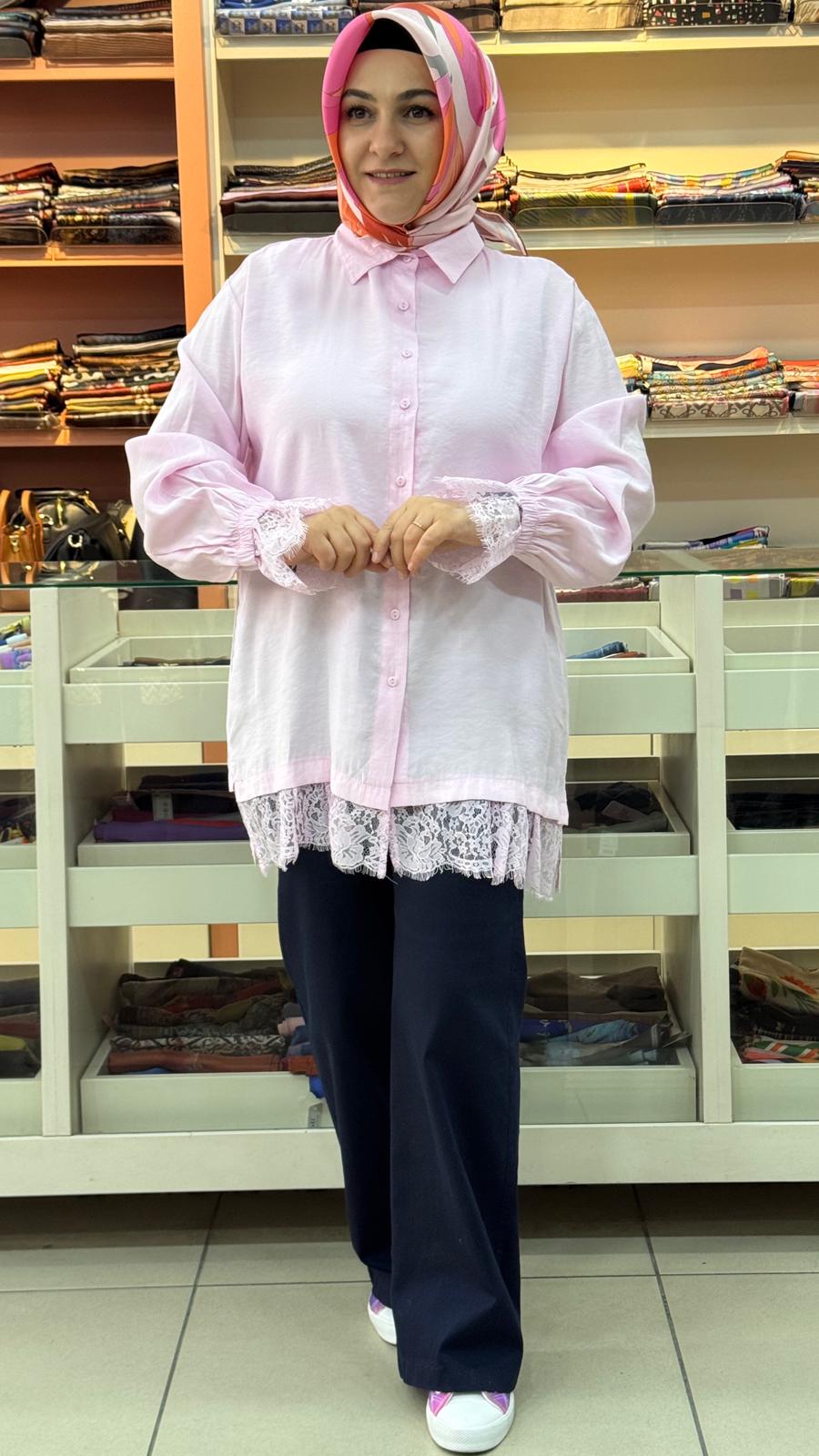 Nefise - Şık Dantel Detaylı Gömlek Tunik Pembe/260124 