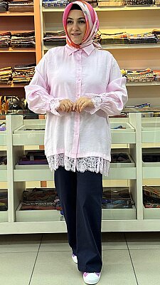 Şık Dantel Detaylı Gömlek Tunik Pembe/260124 - Thumbnail