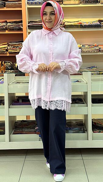 Şık Dantel Detaylı Gömlek Tunik Pembe/260124 
