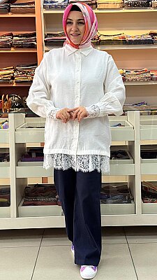 Şık Dantel Detaylı Gömlek Tunik Ekru/260124 - Thumbnail