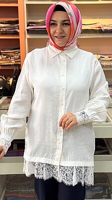 Şık Dantel Detaylı Gömlek Tunik Ekru/260124 - Thumbnail