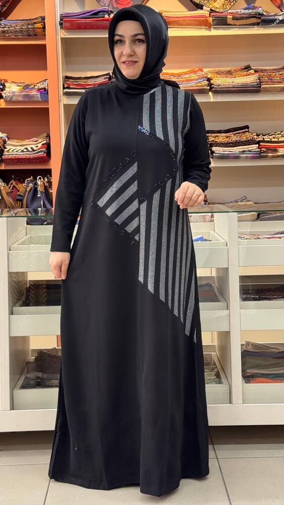 Belgin Triko - Sim Çizgili Taşlı Elbise Siyah/9094