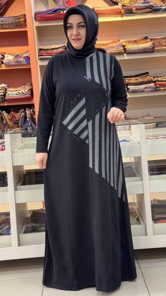 Sim Çizgili Taşlı Elbise Siyah/9094