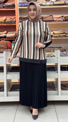 Ahi - Sim Görünümlü Çizgili Etekli Takım Siyah/11130